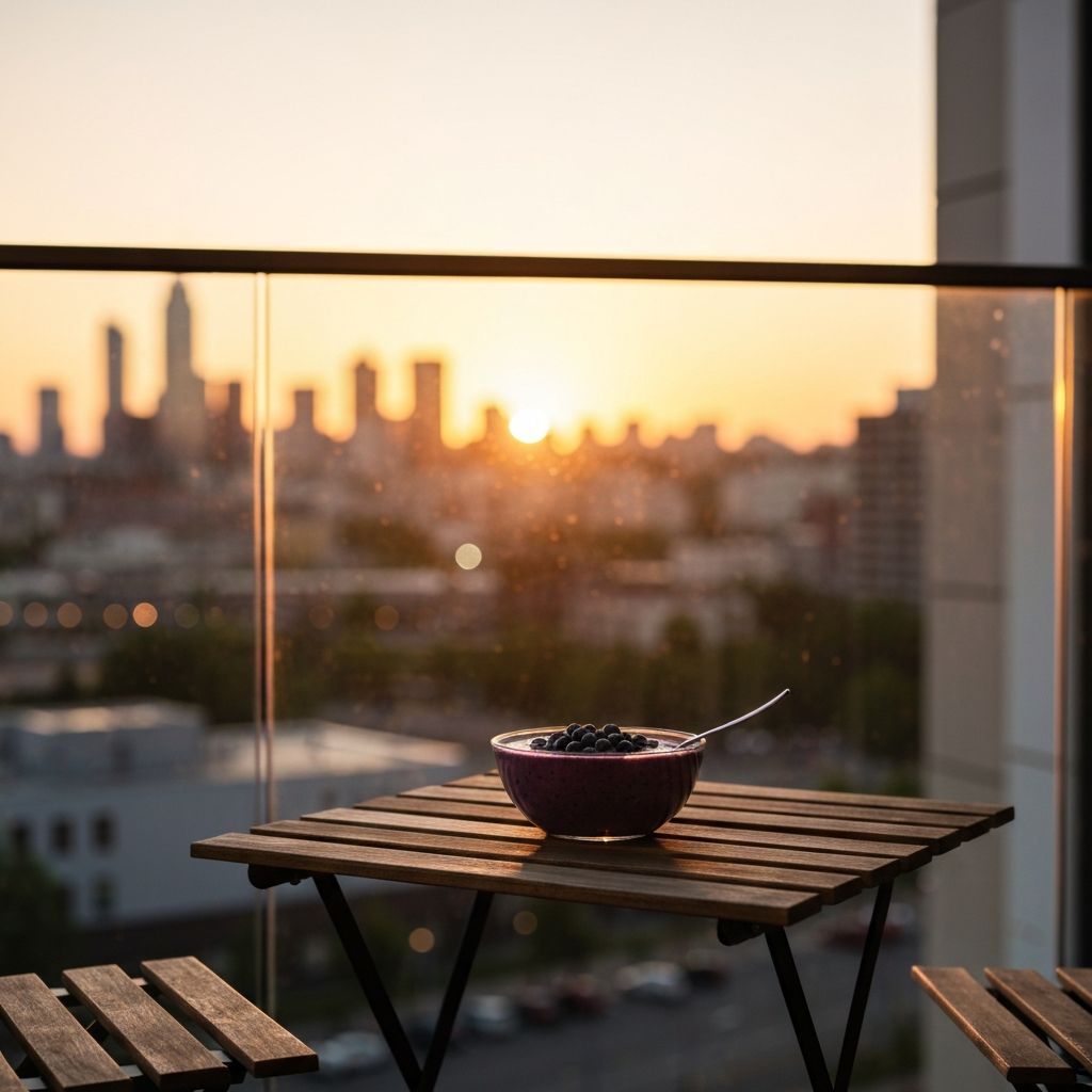 Smoothie na balkonu s gradskim pogledom tijekom zlatnog sata