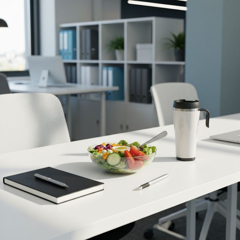 Salata na radnom stolu u coworking prostoru s notebokom i kafom