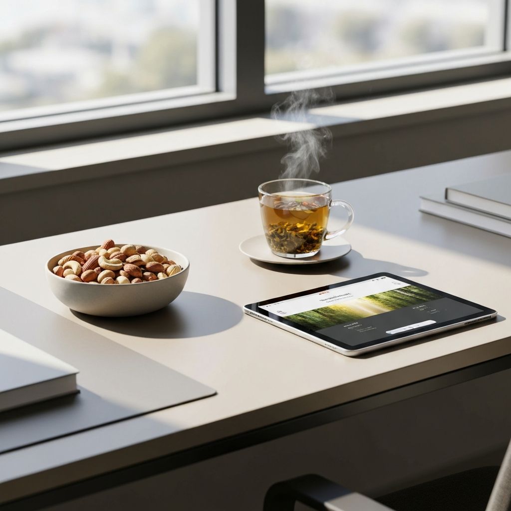 Radni stol s miješanim orašima, čajem i tabletom