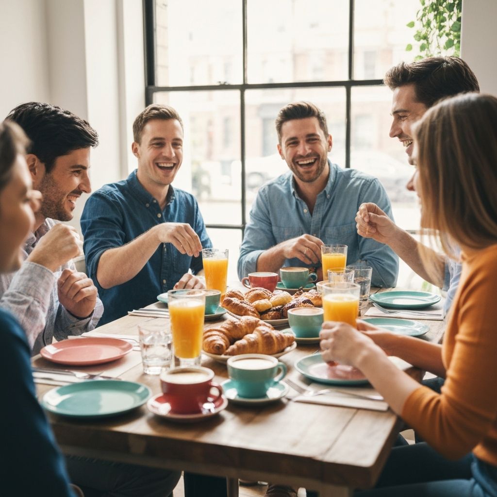 Brunch sa prijateljima s različitim jelima i prirodnom svjetlošću